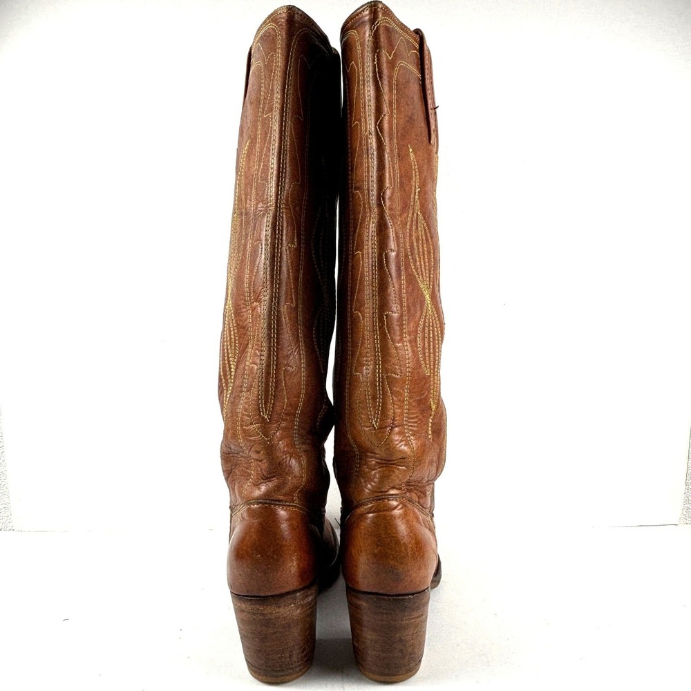vtg FRYE Black Label Brown Leather Campus Boots Western Tall Block Heel Womens 8 - Picture 5 of 9